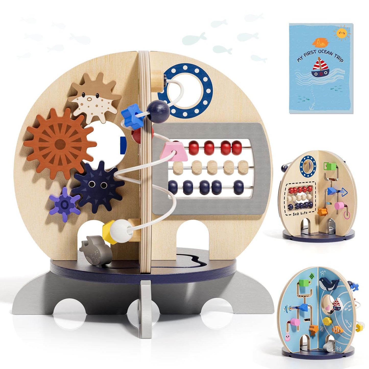 RRIBOUDWAN Wooden Ocean Activity Cube, Montessori Sensory Toy for 6-18 Months Toddlers, Birthday Gift for 1 Year Old Boys Girls