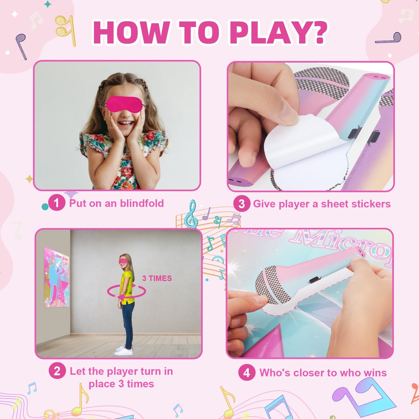 JUNUO Pin The Microphones On The Famous Singers Party Games, Suitable for Music-Themed Party Supplies Decoration, Pop Singers Party,Pink Girl