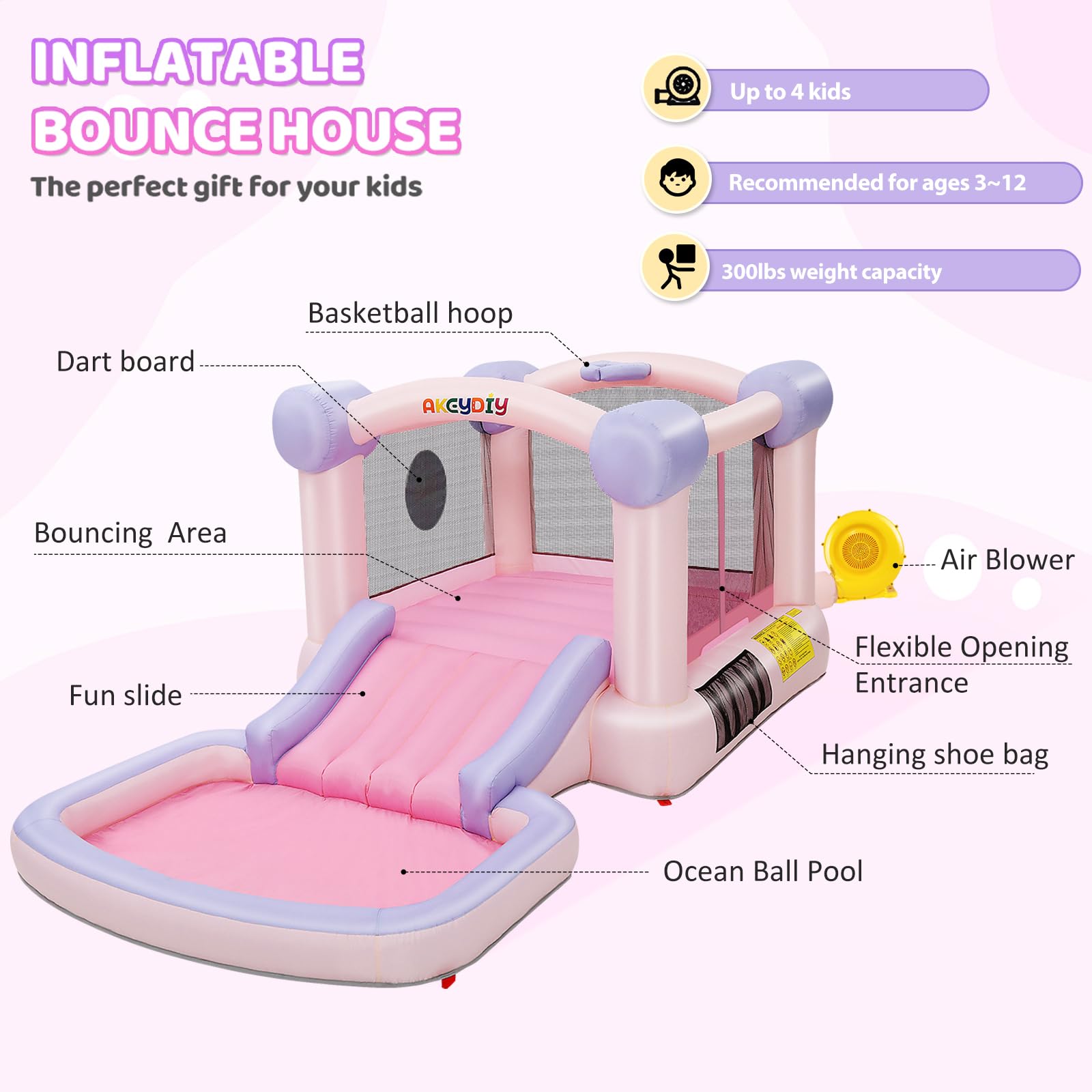 AKEYDIY Bounce House for Kids, Pastel Bouncer with Slide, Pink Inflatable Jumping Bouncy Castle for Birthday Party Gifts Outdoor & Indoor, UL Blower