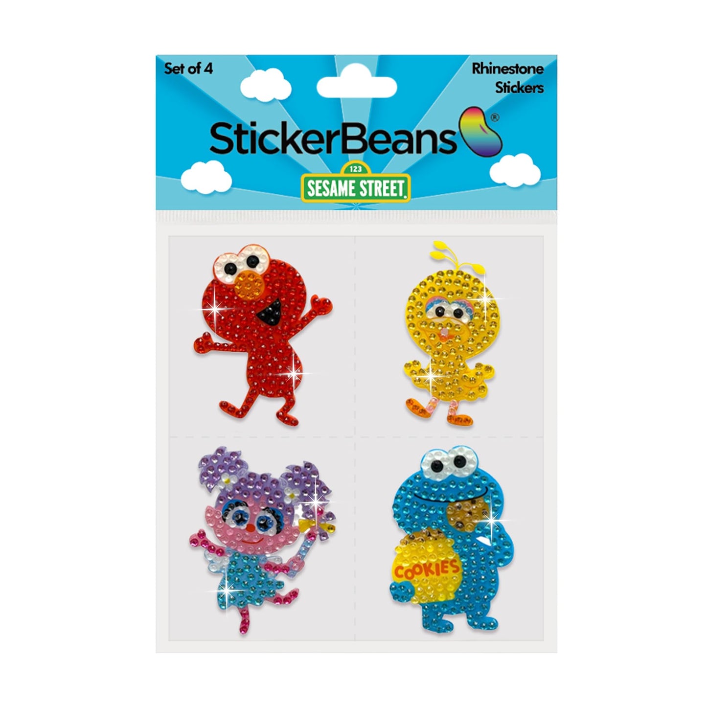 StickerBeans® Rhinestone Stickers x Sesame Street - Elmo and Friends 4-Pack, 2” x 2” Unique Sparkly Cut-to-Shape - Collecting, Trading, Laptops, Phone