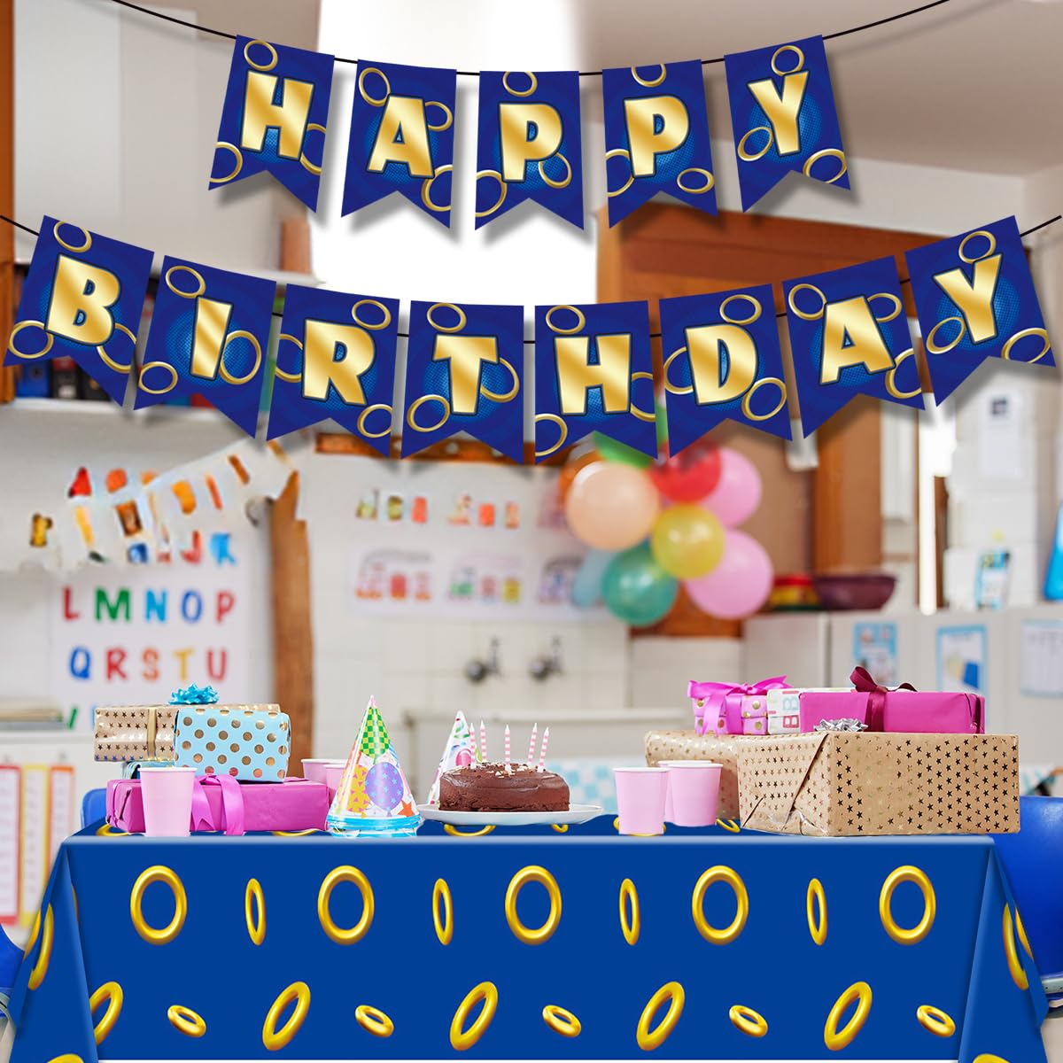 OUAOCZH 2Pcs Blue Gold Ring 108'' x 54 ''Tablecloth and Banner Disposable Rectangle Rings TableCover for Boys Girls Birthday Party Supplies