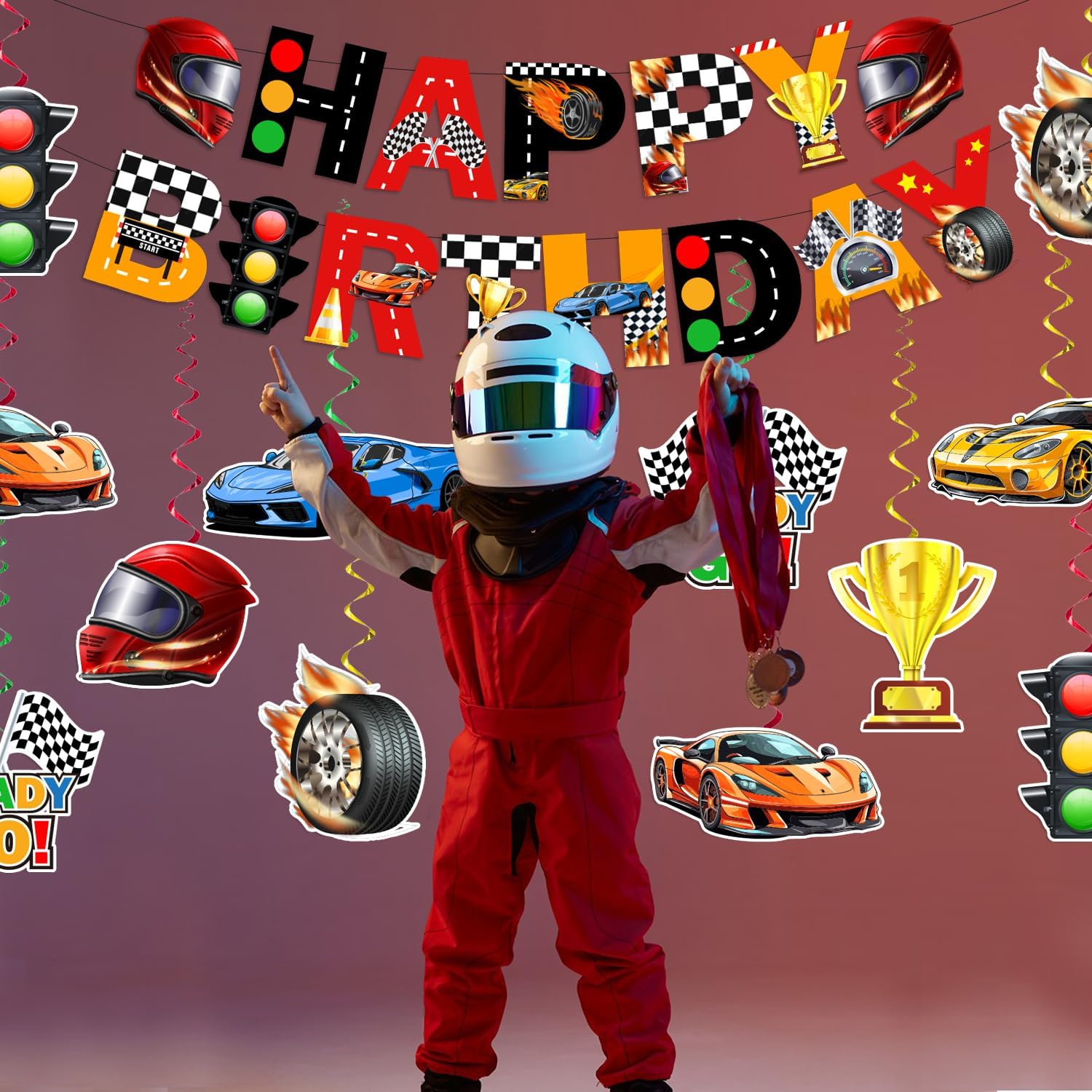 KORHONEN Race Car Themed Birthday Party Decorations for Boys and Adults - Includes Happy Birthday Banner and Hanging Swirls