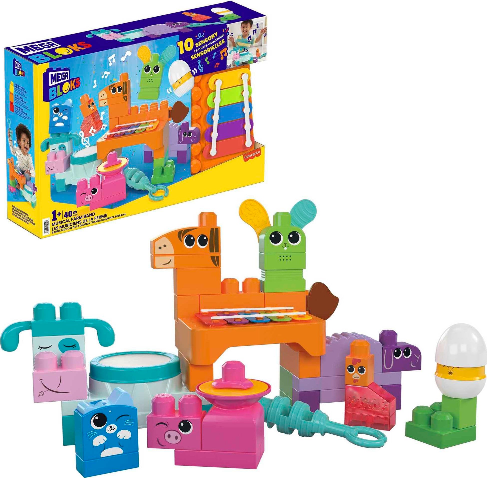 Mega Bloks Fisher-Price Toddler Building Blocks Toy Set, Musical Farm Band with 40 Pieces and 6 Music Sheets, Ages 1+ Years