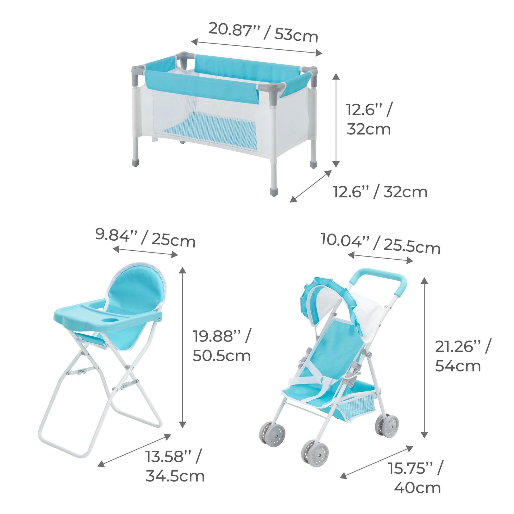 Olivia's Little World Baby Doll 3pc Nursery Set - Crib, High Chair & Stroller, Blue & White