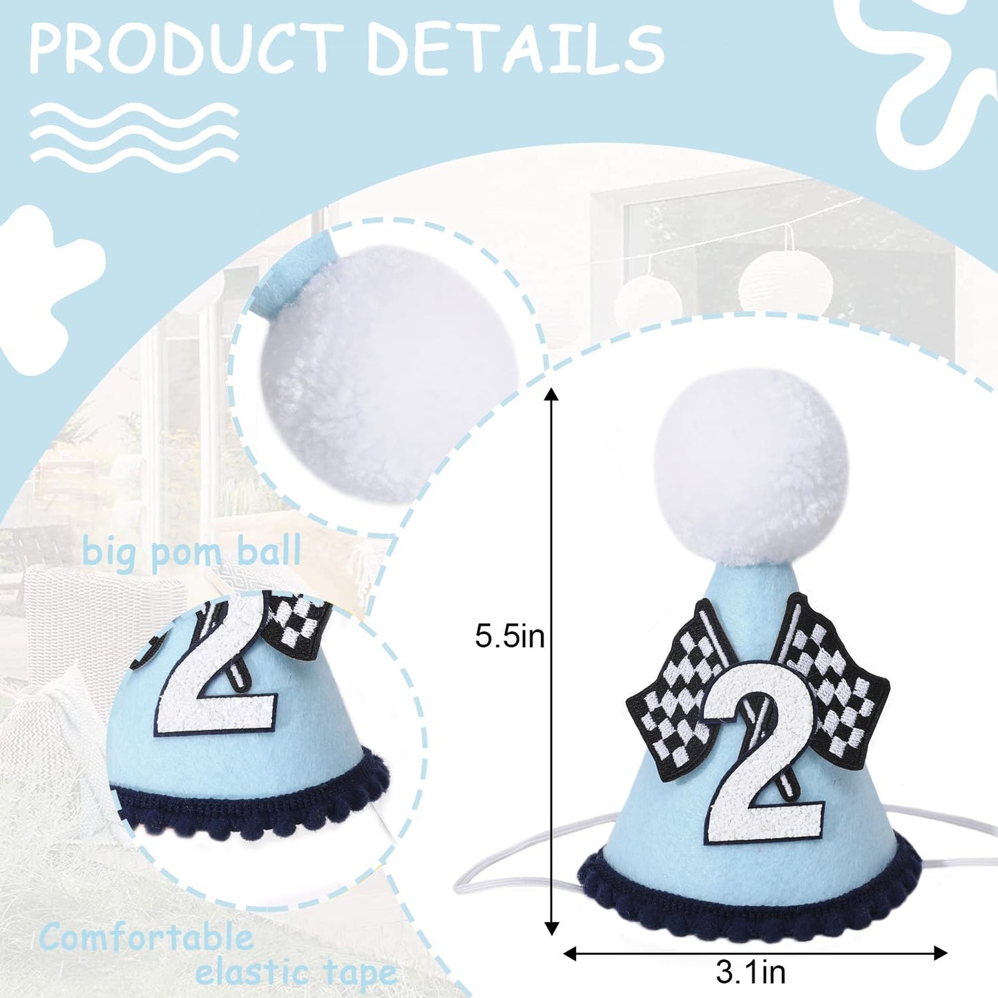 Agkvw Race Car 2nd Birthday Crown for Boys - Fast Birthday Hat and Decoration, Blue Decor