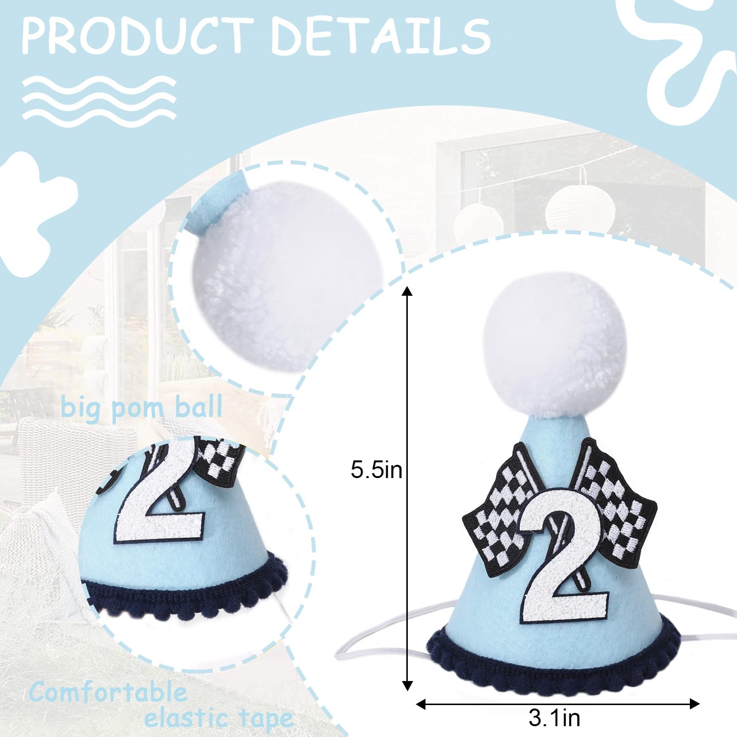 Agkvw Race Car 2nd Birthday Crown for Boys - Fast Birthday Hat and Decoration, Blue Decor