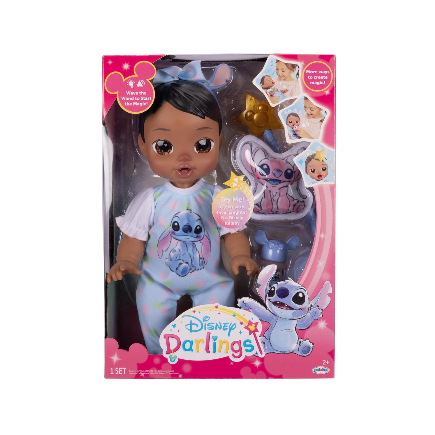 JAKKS Pacific Disney Darlings 13-Inch Interactive Baby Doll - Magical Lights, Sounds, Music & Wand - Stitch-Inspired Nurturing Doll with Accessories