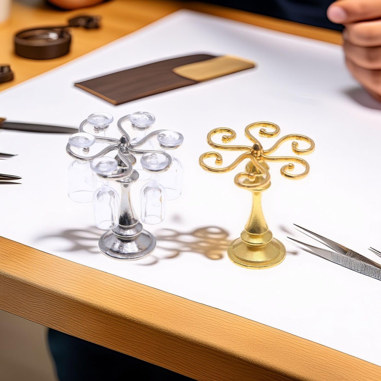 1:12 Scale Miniature Wine Glass Set with Metal Rack (Gold/Silver), 6 Clear Goblets, Elegant Dollhouse Dining Room & Bar Accessory for Collectors
