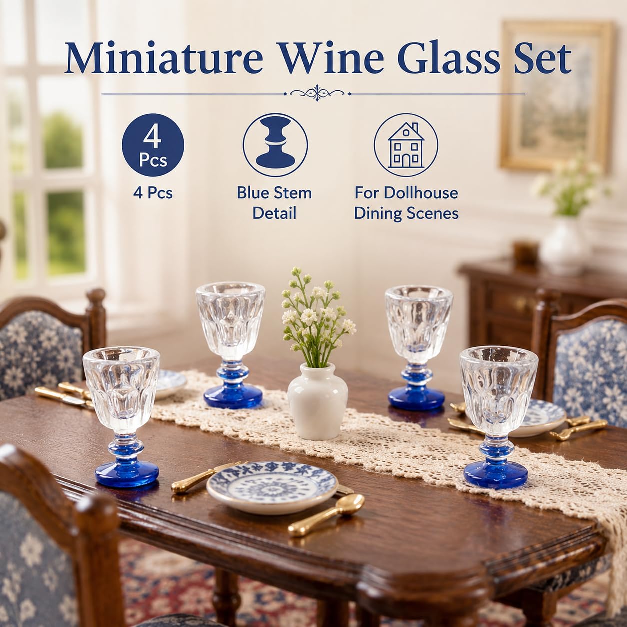 4Pcs Lovely Miniature Wine Glass Set for Dollhouse, 1:6 1:12 Scale, Ideal for Creating Realistic Dining Scenes?Dolls House Blue Stem Wine Glasses