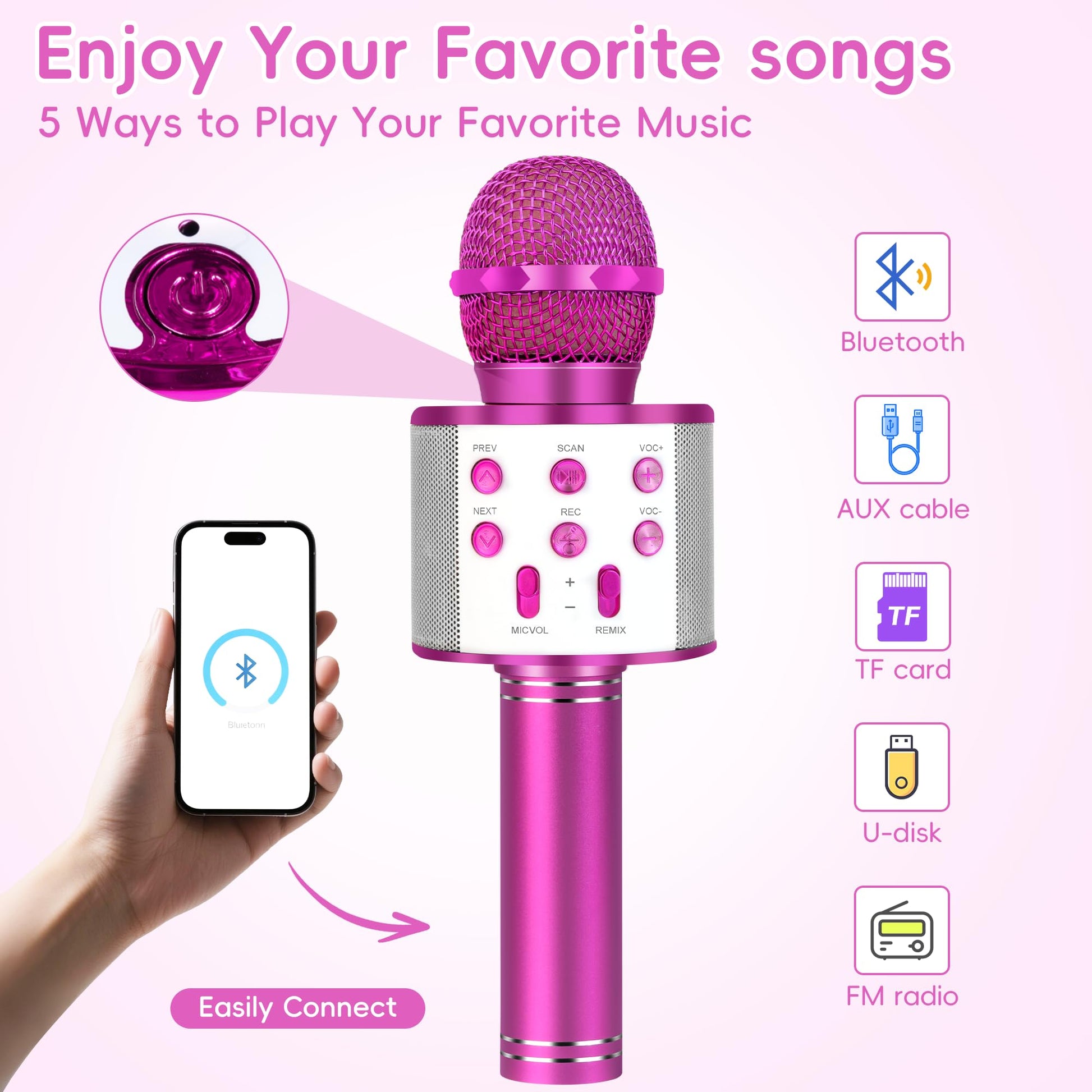 KIDWILL Wireless Bluetooth Karaoke Microphone for Kids, 5-in-1 Portable Handheld Karaoke Mic Speaker Player Recorder with Adjustable Remix FM Radio