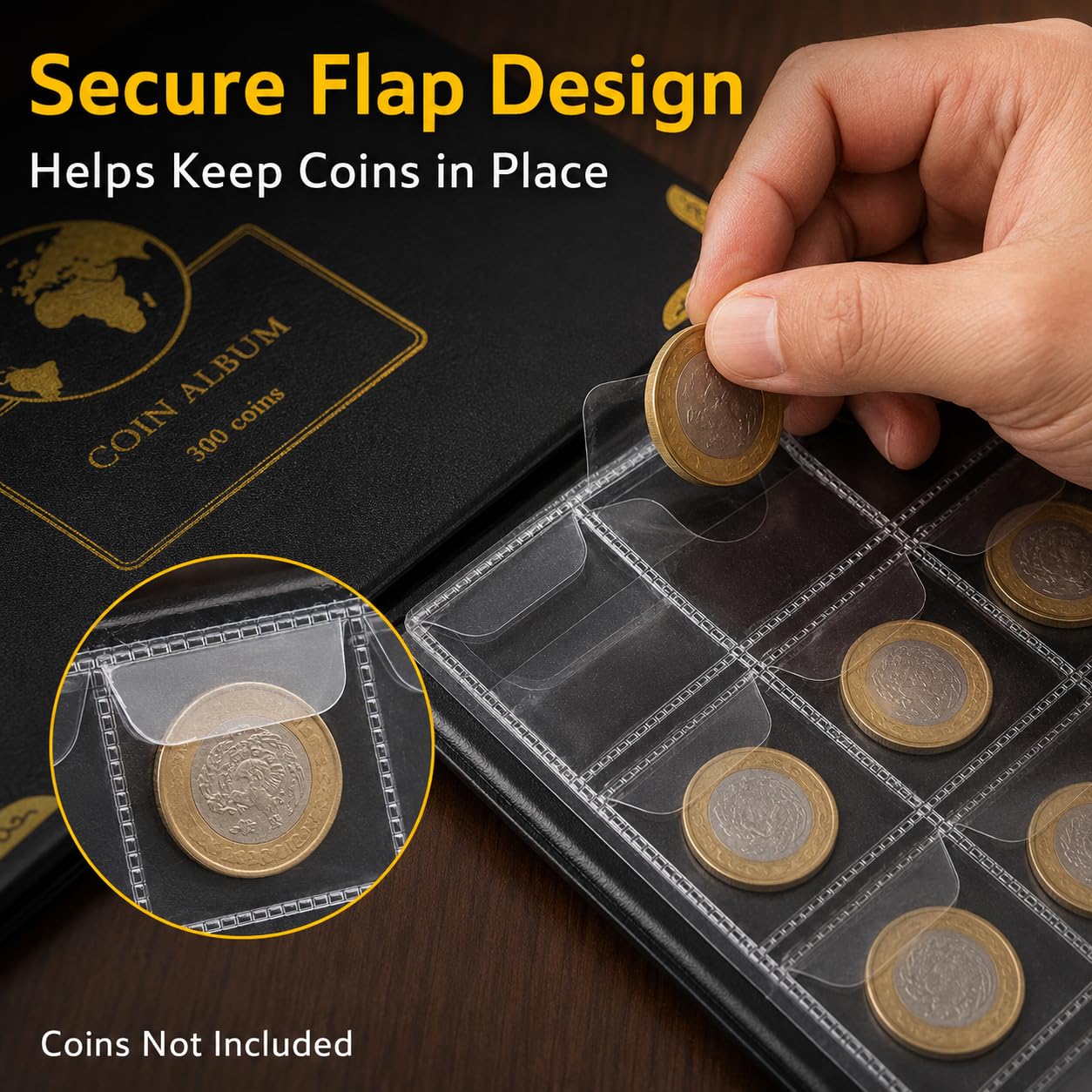 Aptbyte Coin Collection Album Book - 300 Pockets for 20-38mm Coins, Holds US Quarters, Silver Eagles, World Coins | Artificial Leather Cover