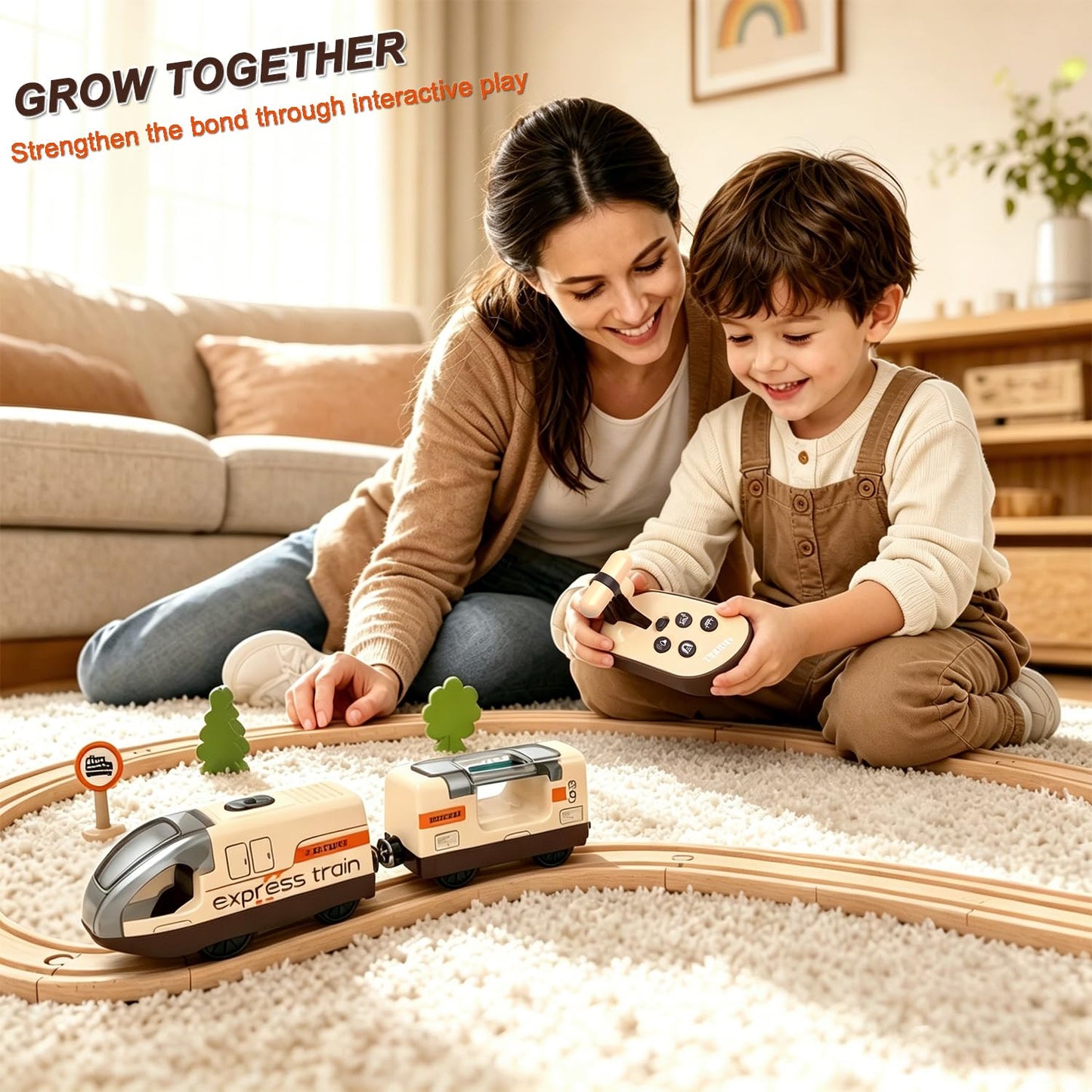 Electric Train for Wooden Track, Remote Control Train Toy, Motorized Train and Tunnel with Voice & Lights Effect, Battery Operated Locomotive Train