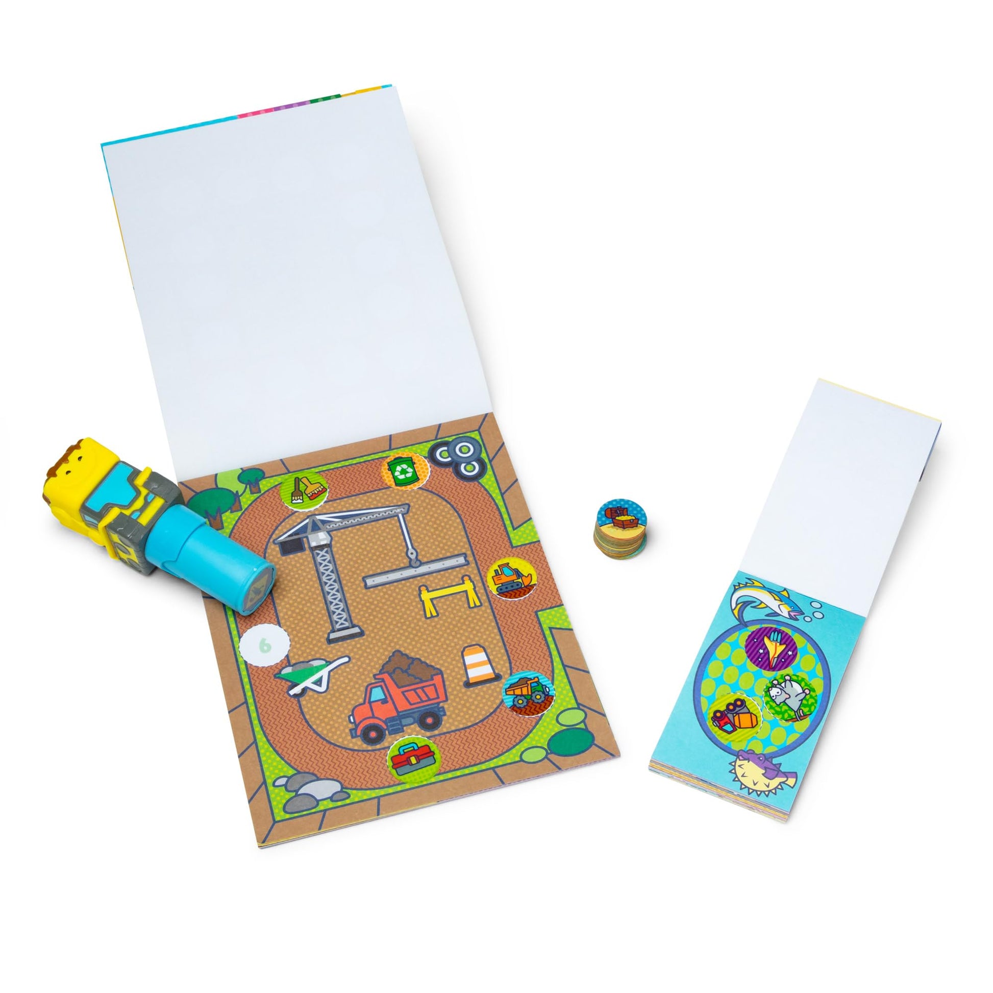 Melissa & Doug Sticker Wow!™ Bulldozer Bundle: 24-Page Activity Book, Refillable Sticker Stamper, Mini Pad, 500 Stickers, Arts and Crafts for Kids