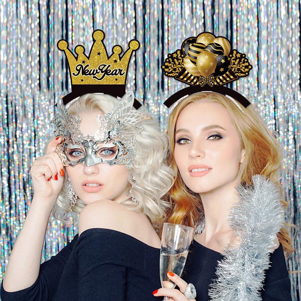 KALOR Sparkling 2026 New Year Headbands 6-Pack, Black Gold Glitter Party Headbands for New Year's Eve Party Supplies, Countdown Parties, No Assembly