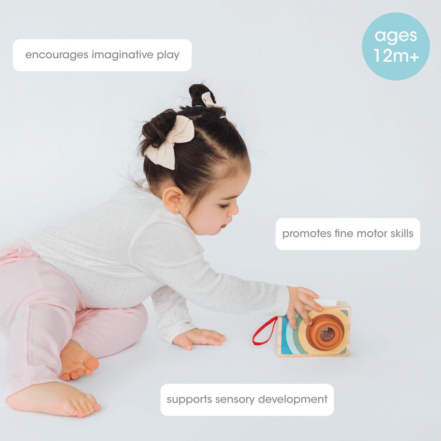 Pearhead Wooden Kaleidoscope Camera Toy, Montessori Pretend Play Camera with Click Button and Soft Strap, Creative Learning Toy for Toddlers 12m+