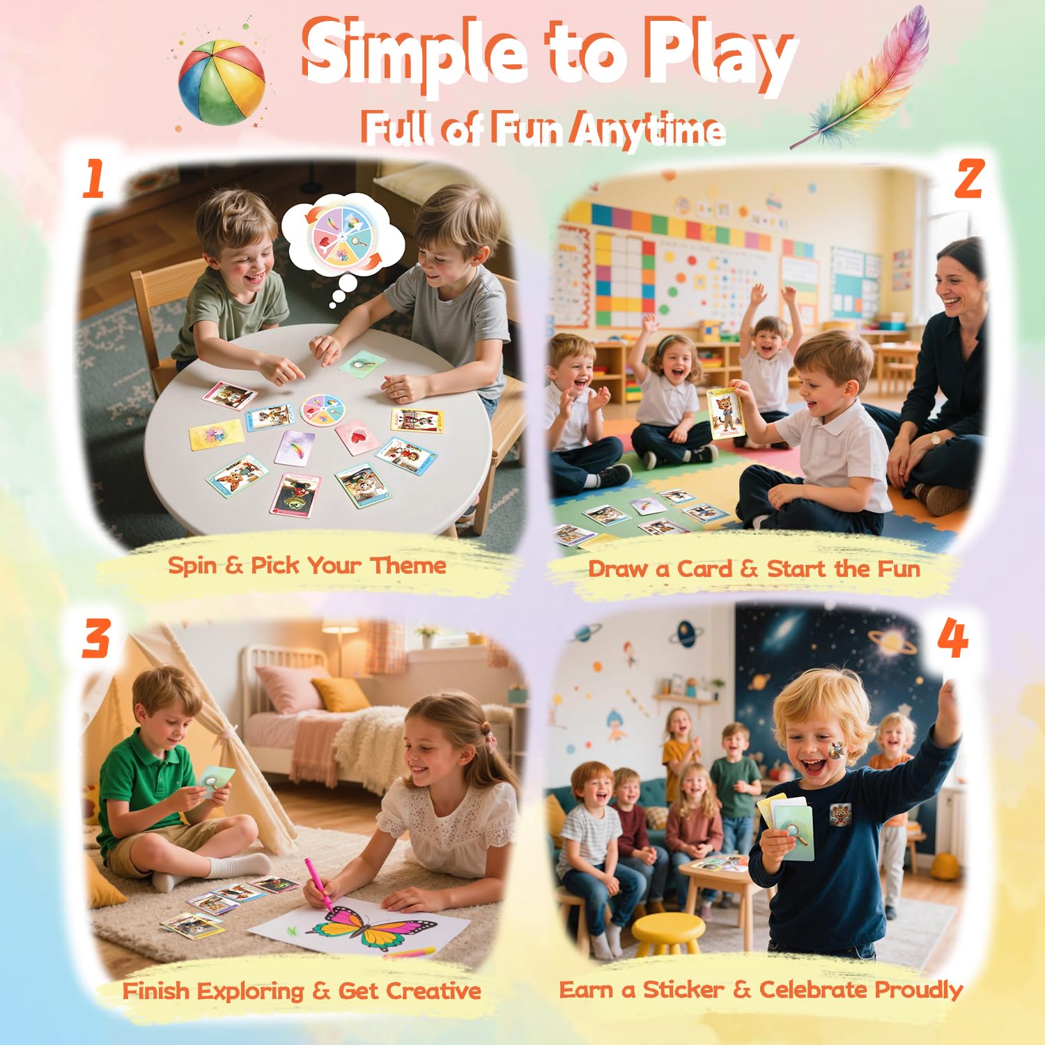 50 Indoor Discovery Cards for Kids 3-12 - Montessori Screen-Free Activity Set | 5 Themes | Spinner & Reward Stickers | Fun Game for Home & School