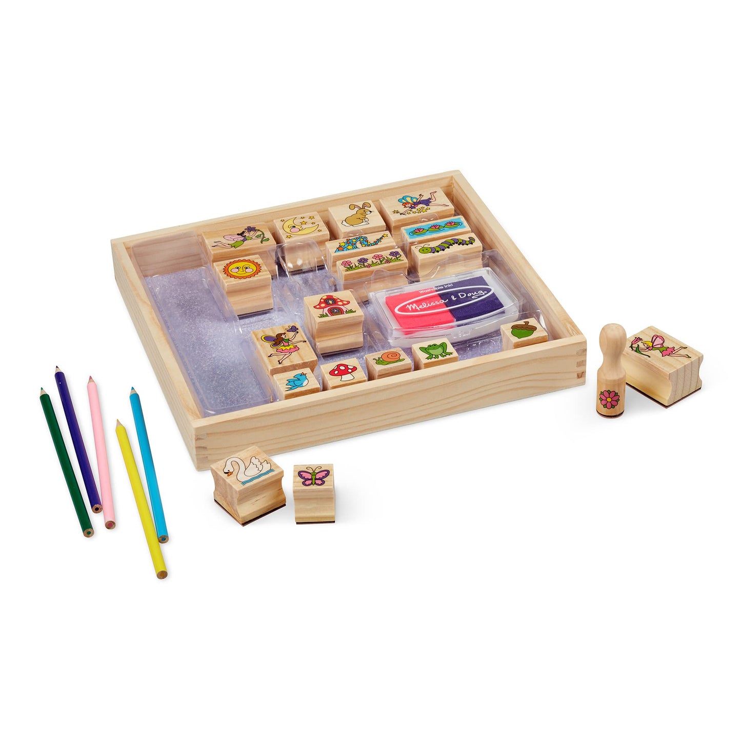 Melissa & Doug Stamp-a-Scene Stamp Pad: Fairy Garden - 20 Wooden Stamps, 5 Colored Pencils, and 2-Color Stamp Pad