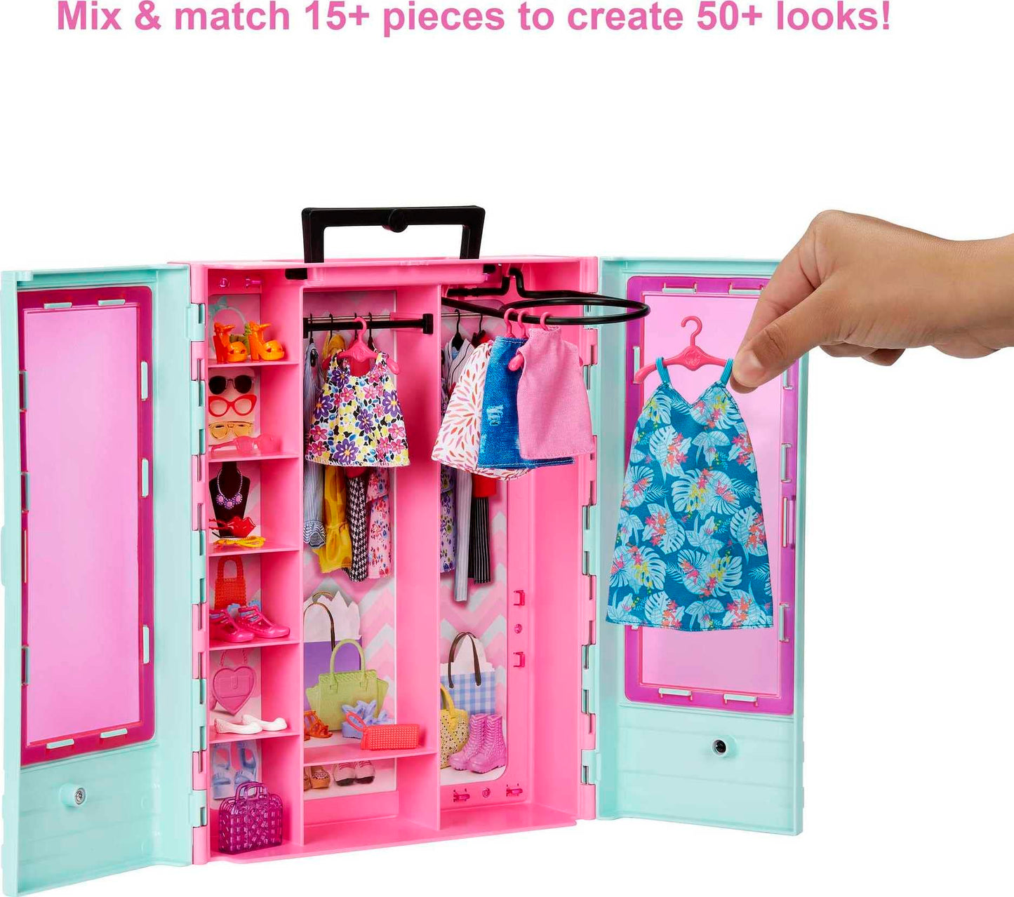 Barbie Closet Playset with 3 Outfits, 3 Pairs of Shoes, 2 Purses, Necklace and Sunglasses Accessories, 5 Hangars, Gift for 3 to 8 Years Old