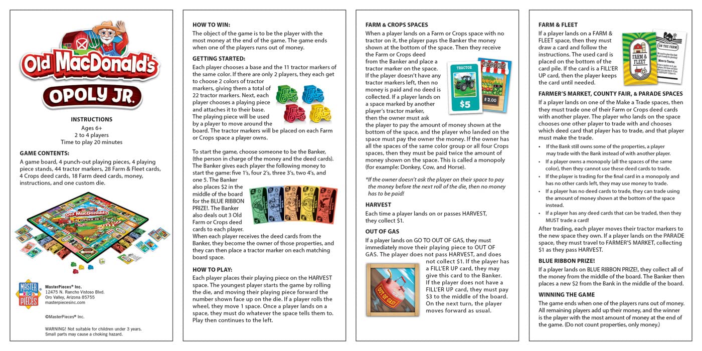 MasterPieces Kids & Family Board Games - Old MacDonald's Farm Opoly Jr. - Officially Licensed Board Games for Kids, & Family