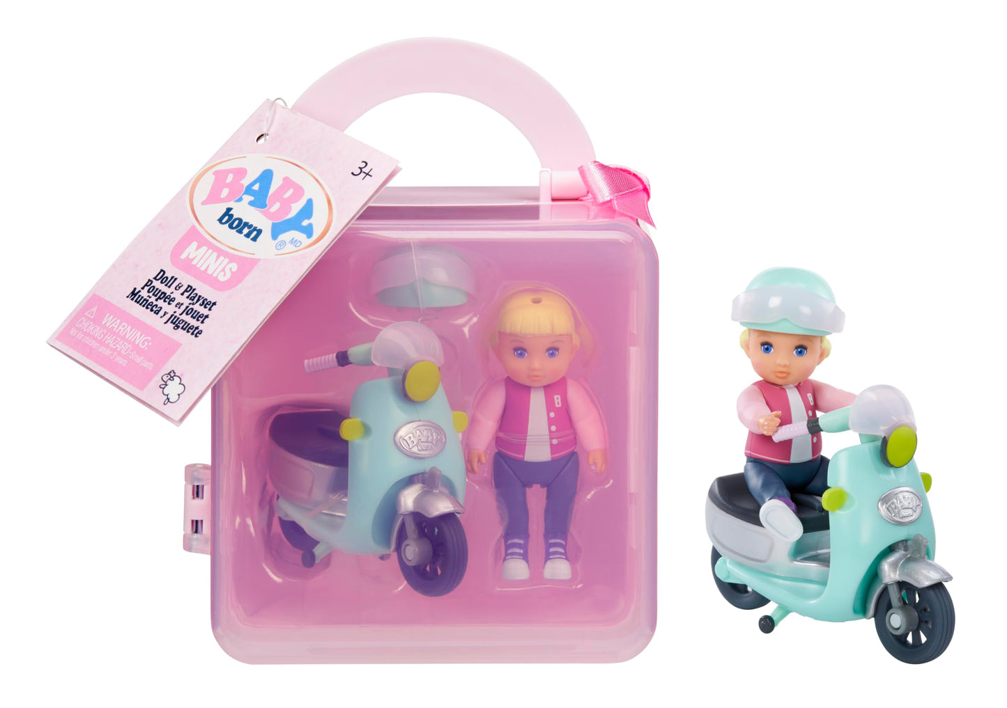 Baby Born MINIS Playset - Light Skin Tone Doll with Blue Eyes, Scooter & Helmet Accessory, Includes Reusable Carrying Case for On-The-Go Playtime