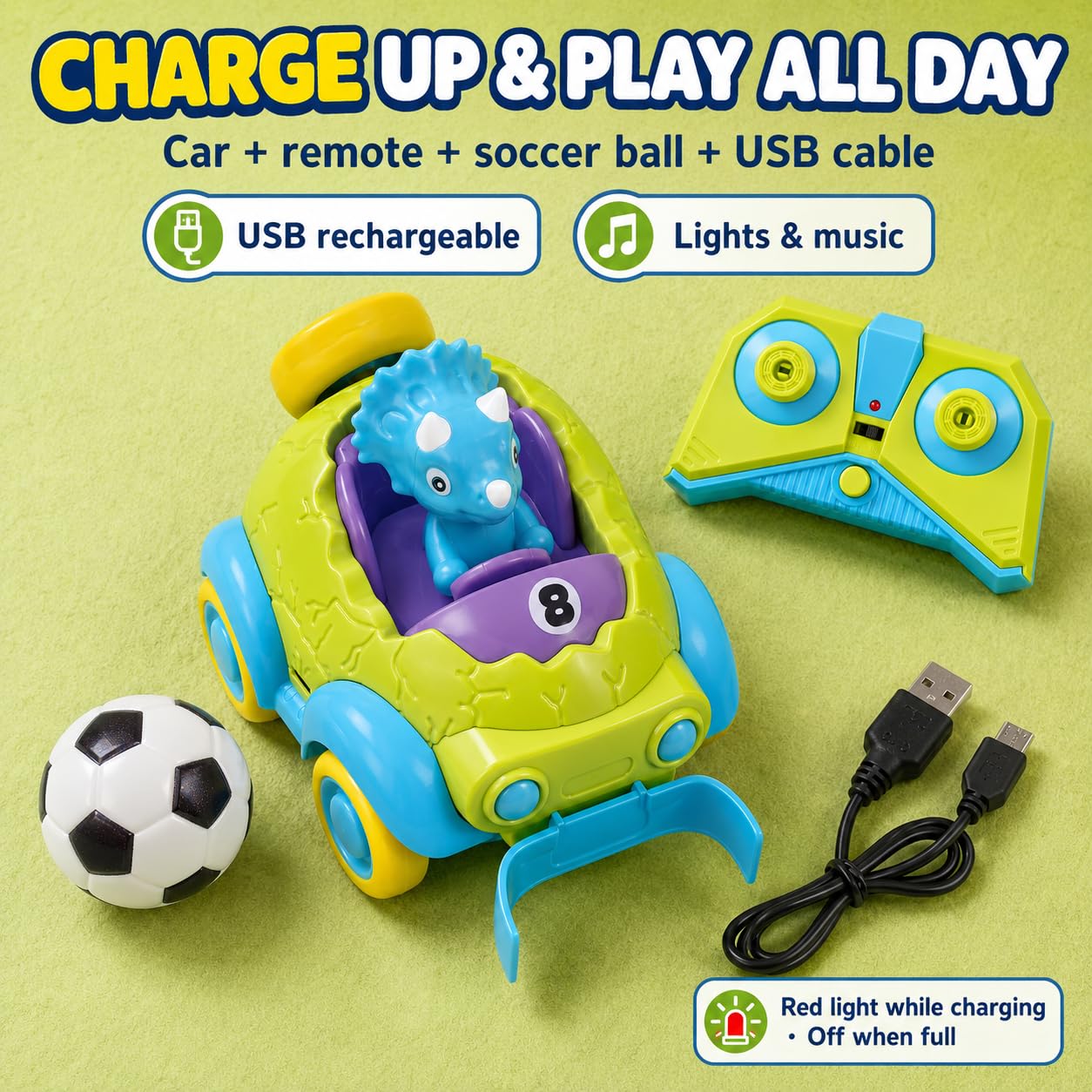 ToyFinity Remote Control Dino Car - Soccer Ball Mode, USB Charged