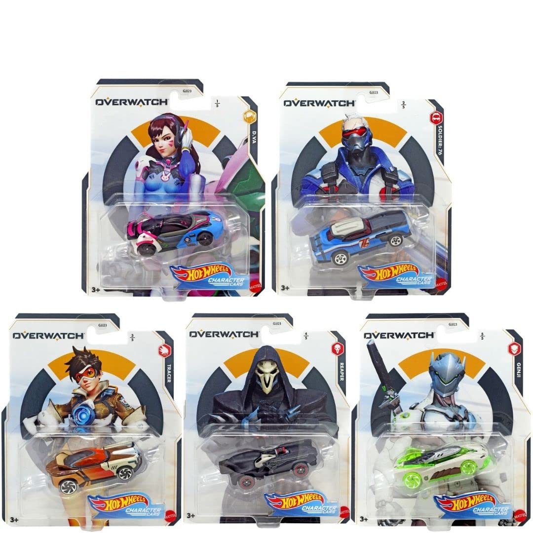 Hot Wheels Overwatch 2020 Character Cars Complete Set of 5 - Genji, D.Va, Tracer, Soldier 76 & Reaper | Licensed Blizzard Collectible | 1:64 Scale