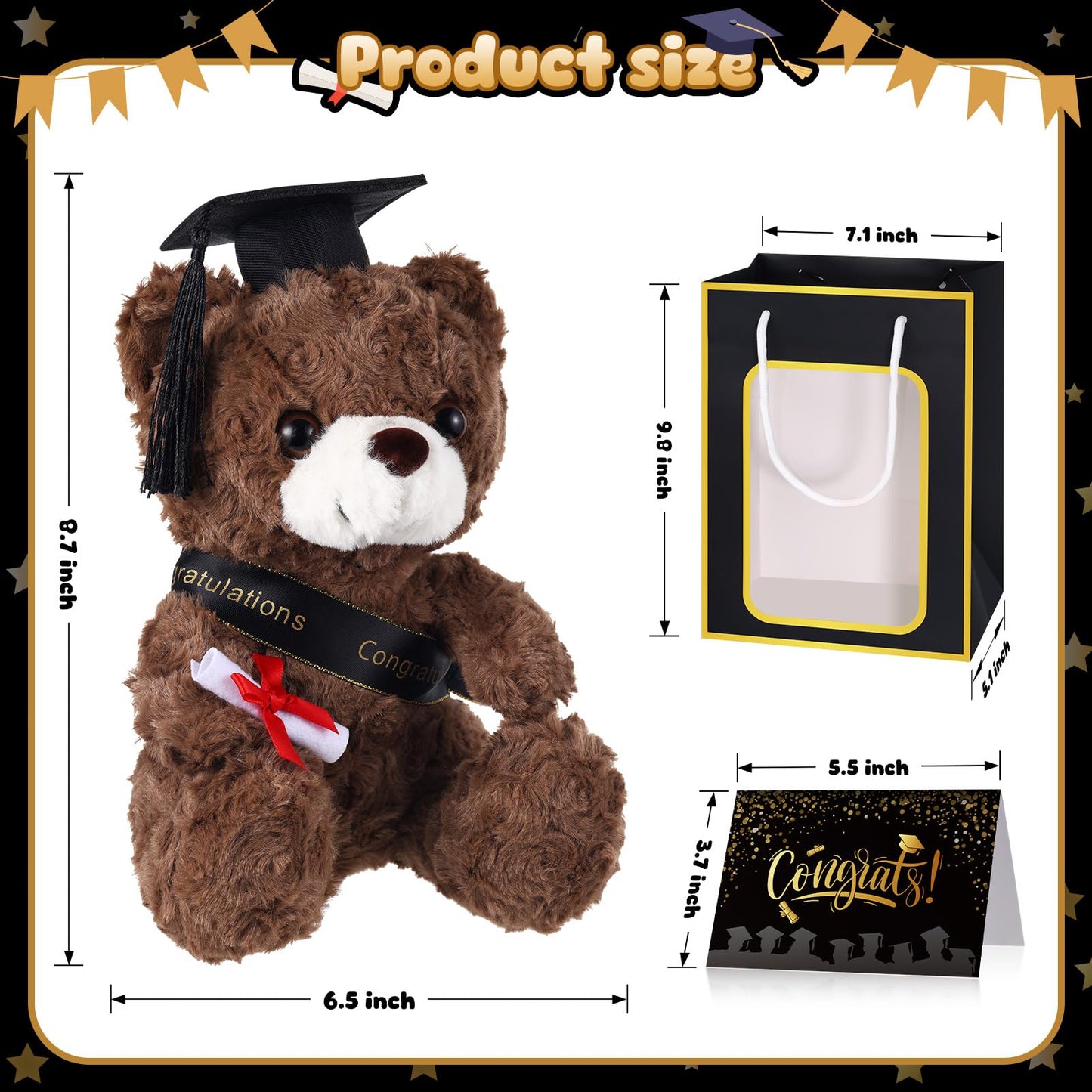 ZJoey 2 Sets Bear with Graduation Cap Toys Class of 2026 Graduation Plush Stuffed Teddy Bear Animal Dog Graduation Cap and Gown with Greeting Card