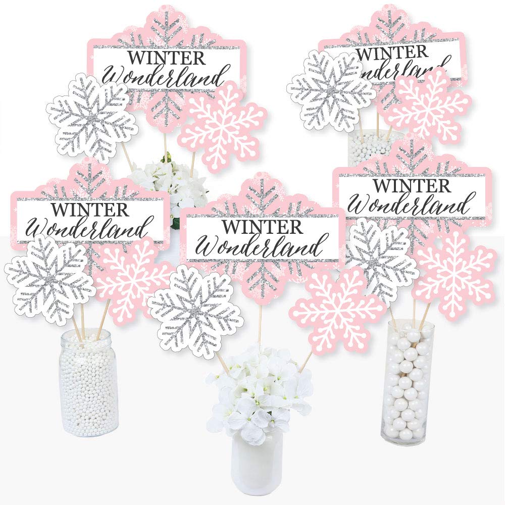 Big Dot of Happiness Pink Winter Wonderland - Holiday Snowflake Birthday Party or Baby Shower Centerpiece Sticks - Table Toppers - Set of 15