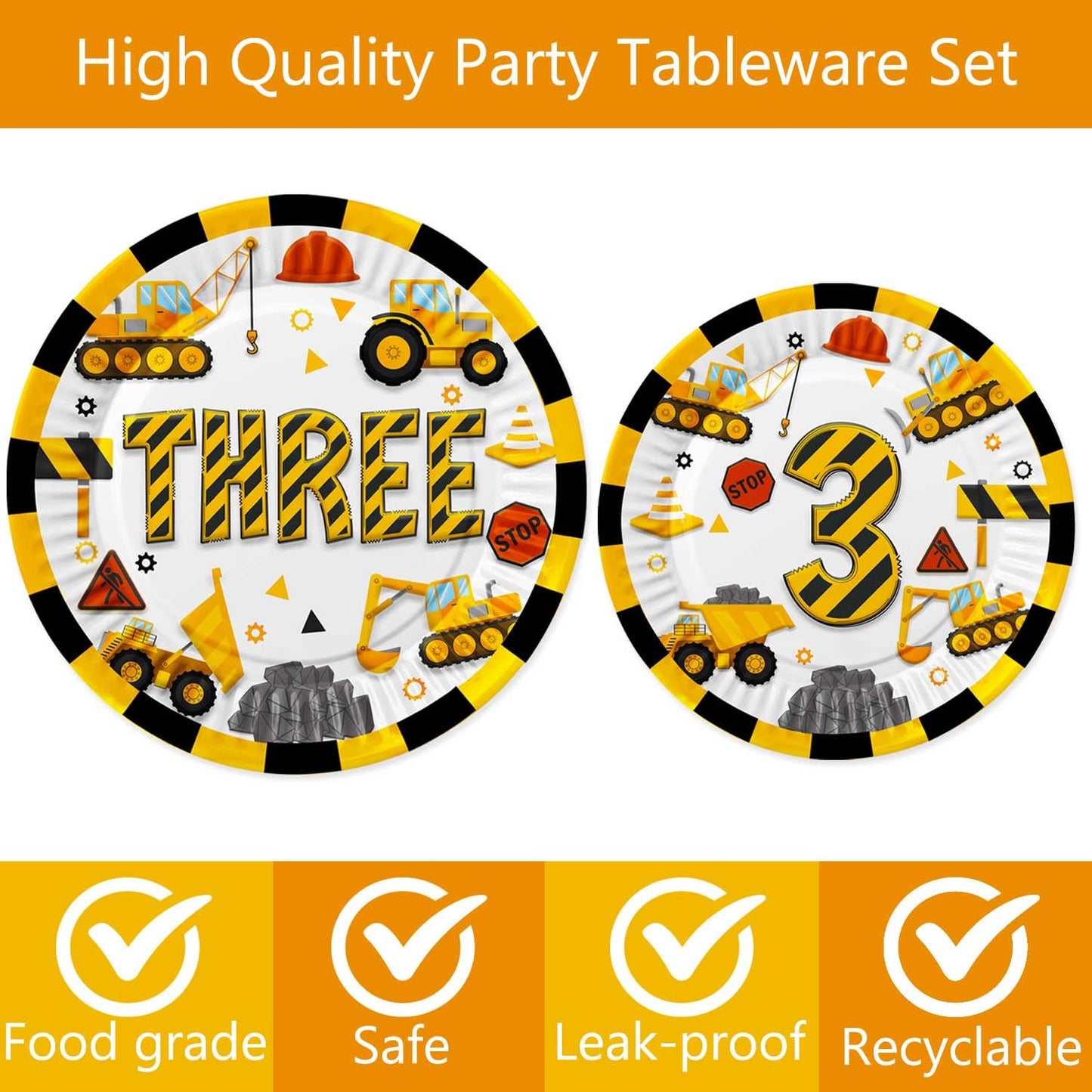 Letromp 80 Pcs Construction 3rd Birthday Decorations Construction Three Years Old Disposable Paper Dinner Plates Napkins Forks Dinnerware for Dump