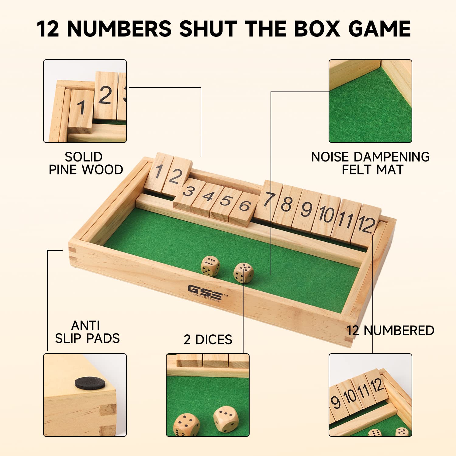 GSE Games & Sports Expert Wooden Shut The Box 12 Number Spots Dice Game Board with 2 Wooden Dice, Classic Tabletop Game Version of The Popular English