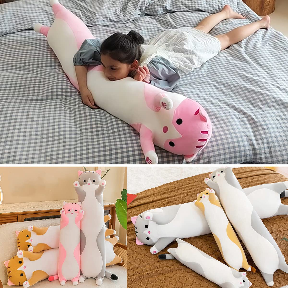 Giant Cat Pillow Plush Cartoon Kitty Sleeping Hugging Pillow, Cuddly Soft Long Kitten Body Pillow Doll Cat Cushion Toy for Kids Girlfriend (Gray