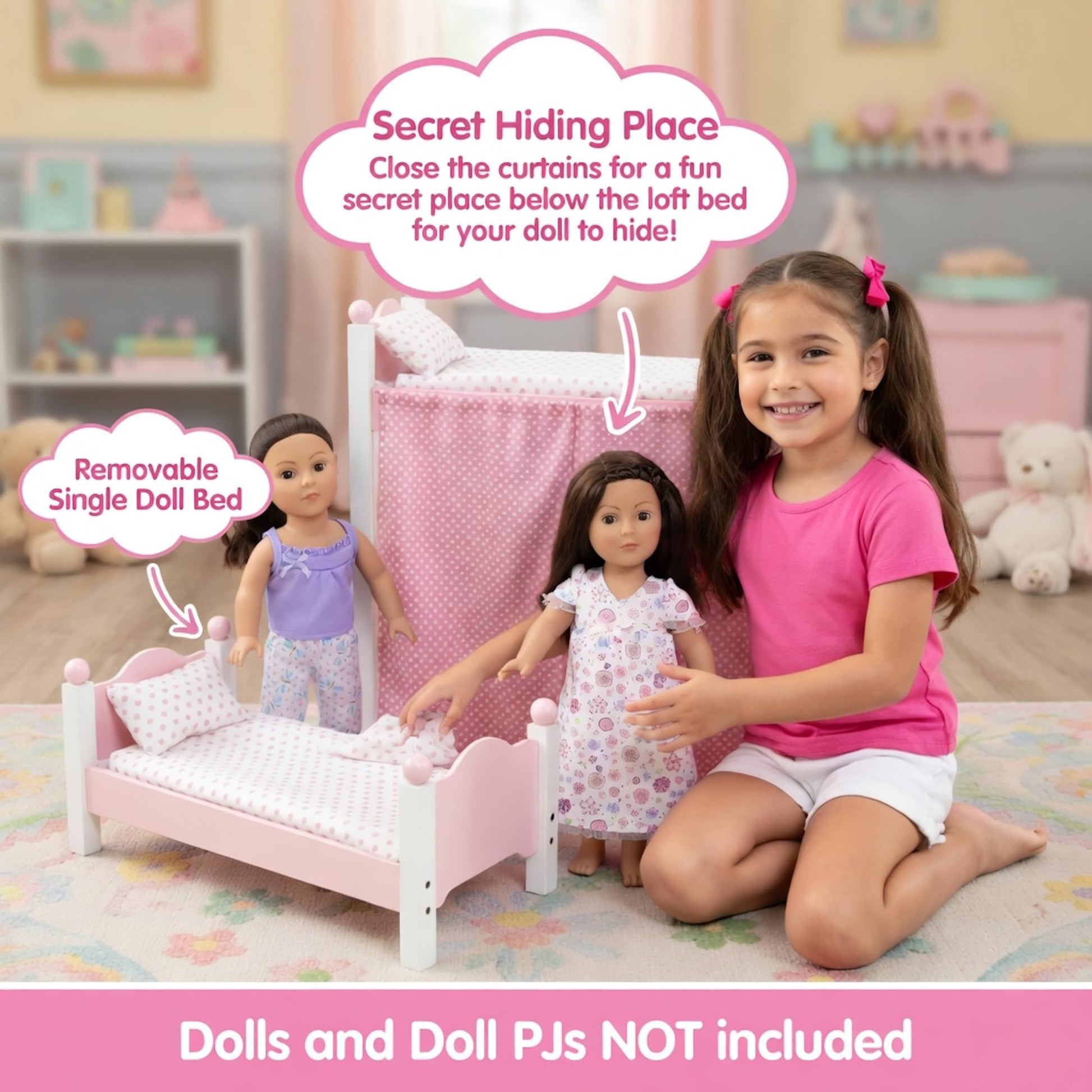 Emily Rose 18 Inch Doll Loft Bunk Bed Pink - Wooden Doll Bunkbed with Storage Shelves, Ladder, Removable Single Bed, 2 Polka Dot Bedding Sets &