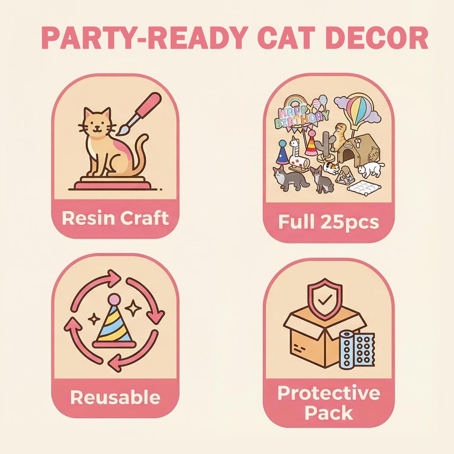 25 Pcs Cat Cake Topper Set - Resin Animal Figurines with Mini Party Hats, Cat Themed Birthday Decorations, Cupcake Toppers, Cat Lover Gifts, Desk