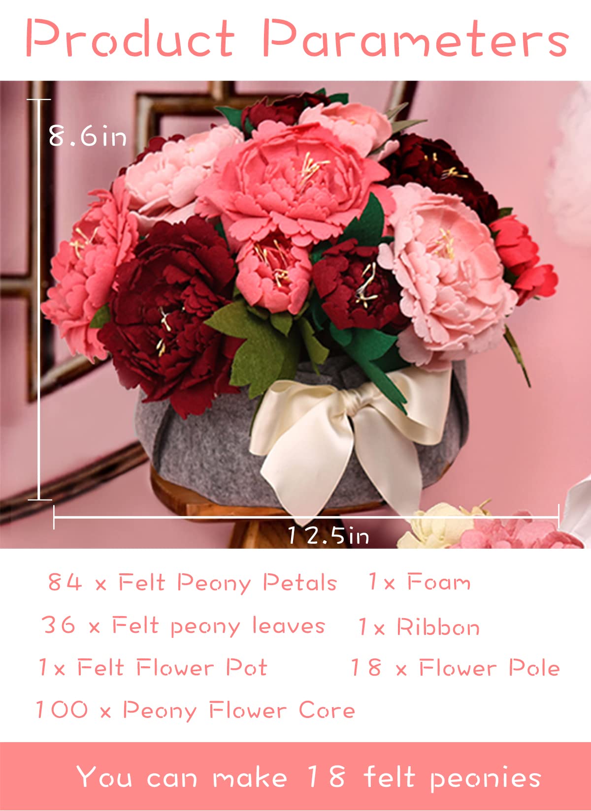 BAZIMA DIY Felt Flower Art Craft Kit, DIY Felt Peony Pot Bonsai Kit,18 Peonies,Floral Gifts