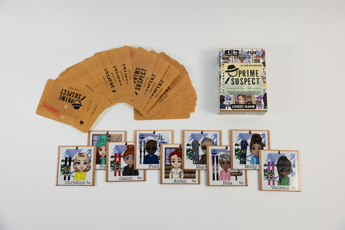 Fun Squared Games Prime Suspect Logic Game with 45 Case Cards | Single Player or Group Play | Ages 8+ | Compact Brain Teaser Game | Detective Game