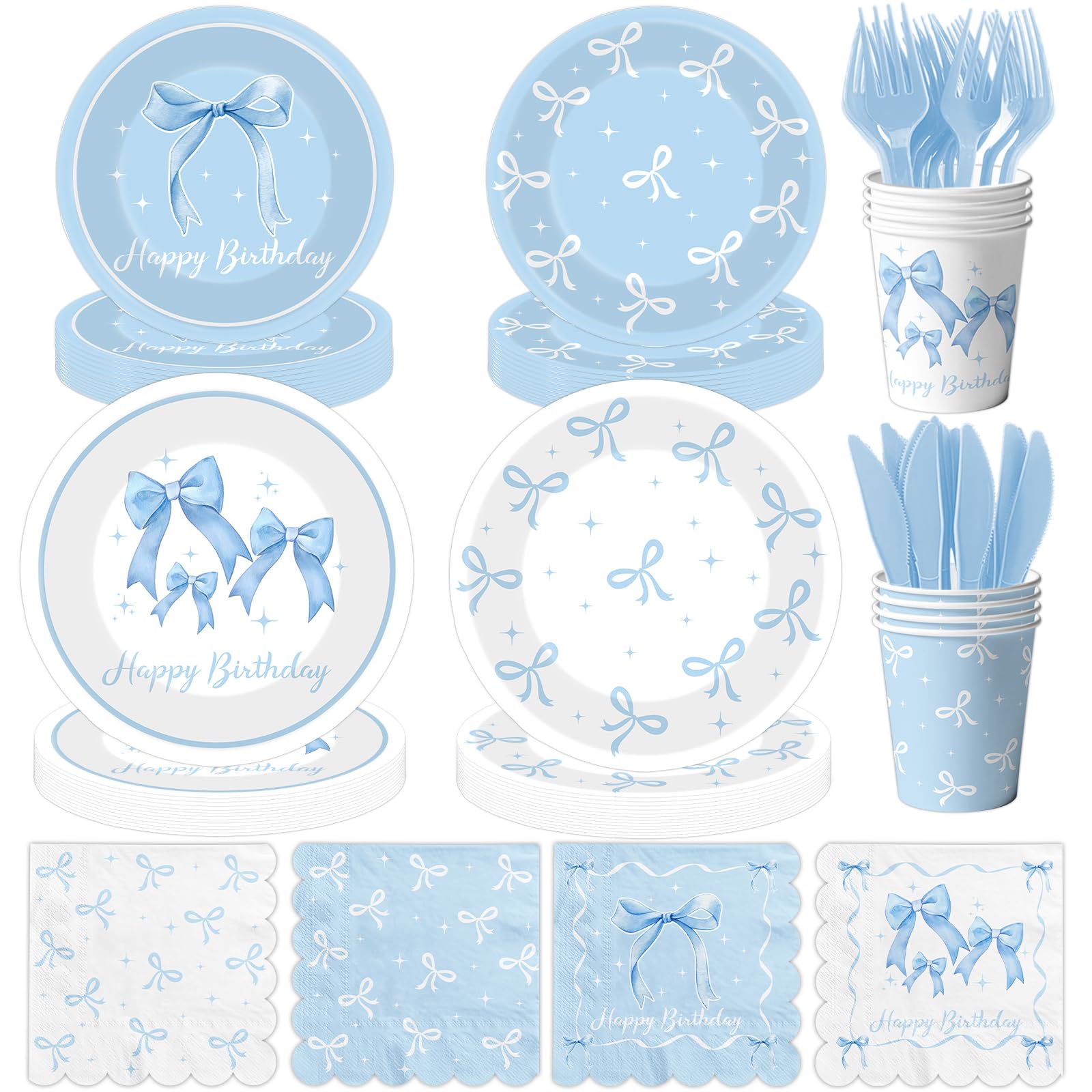 Blue Bow Party Supplies Serve 25,Coquette Birthday Decorations Blue Bow Plates and Napkins for Girls Women,Bridal Engagement Party Decor