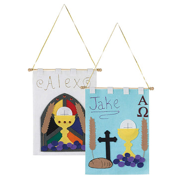 First Holy Communion Banner Kit Arts and Crafts for Catholic Children, DIY Sunday School Church Activity with Felt and Glitter Pens, 16 Inch
