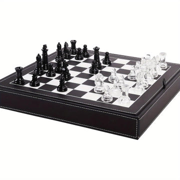 Luxury Glass Chess Set for Adults - 2 Extra Queens, Premium Leather Storage Case with 13.2” Chessboard Elegant Board Game Gift