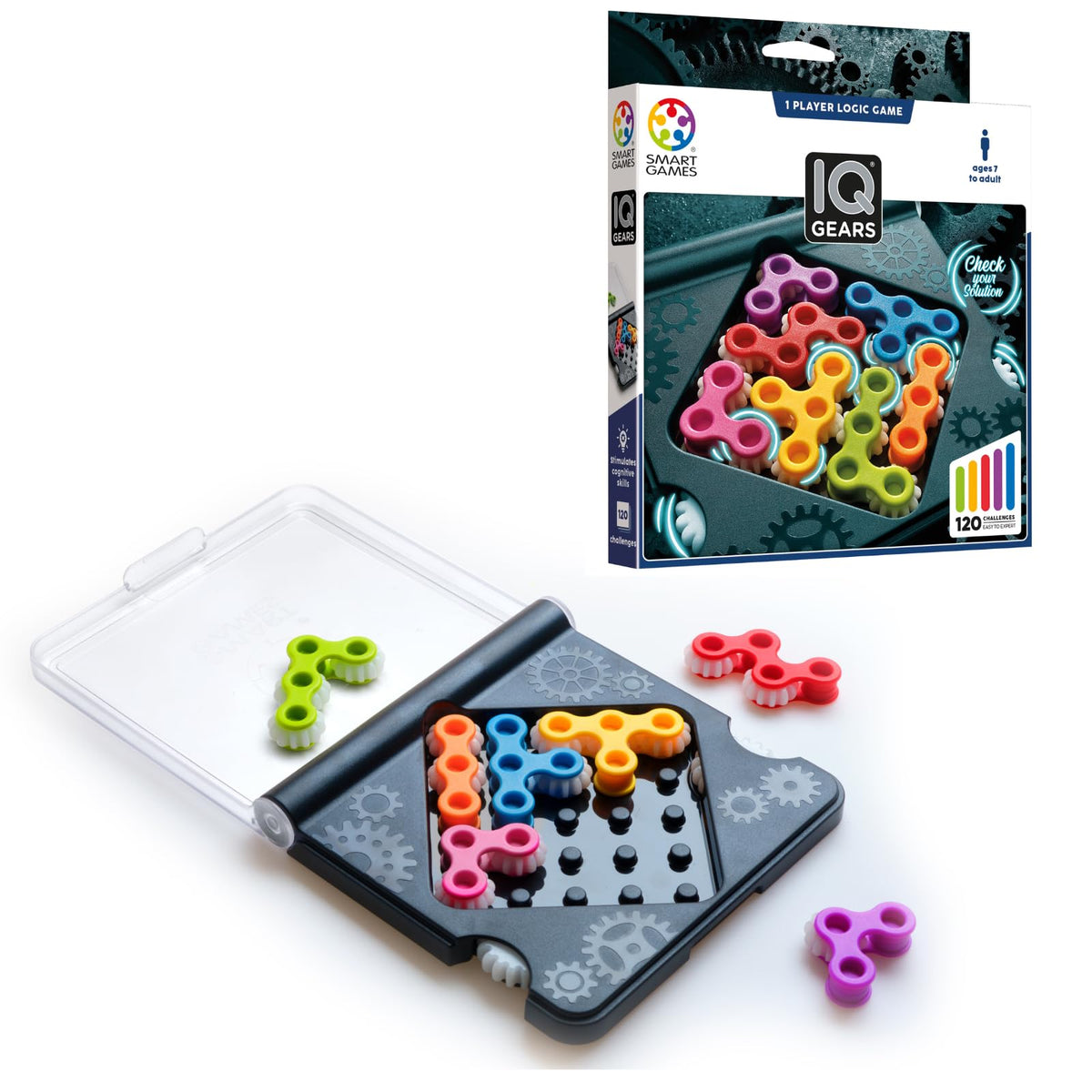 SmartGames IQ Gears - Spinning Gear STEM Travel Puzzle Brain Teaser, 7+