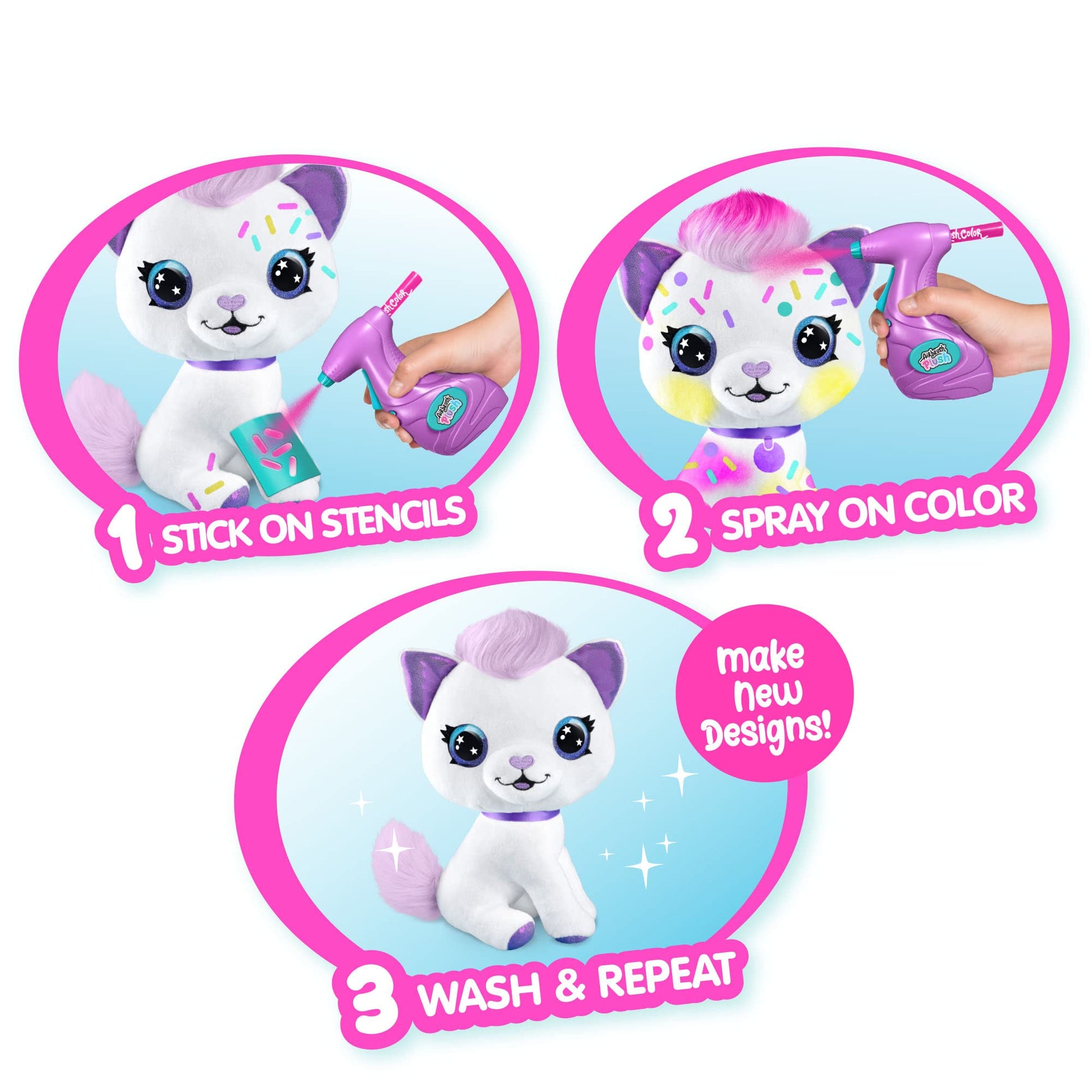 Canal Toys Personalize Airbrush Plush Large Kitty! Decorate, wash, Repeat! Customize Your own Spray Art Plush with Markers, Battery Powered Airbrush