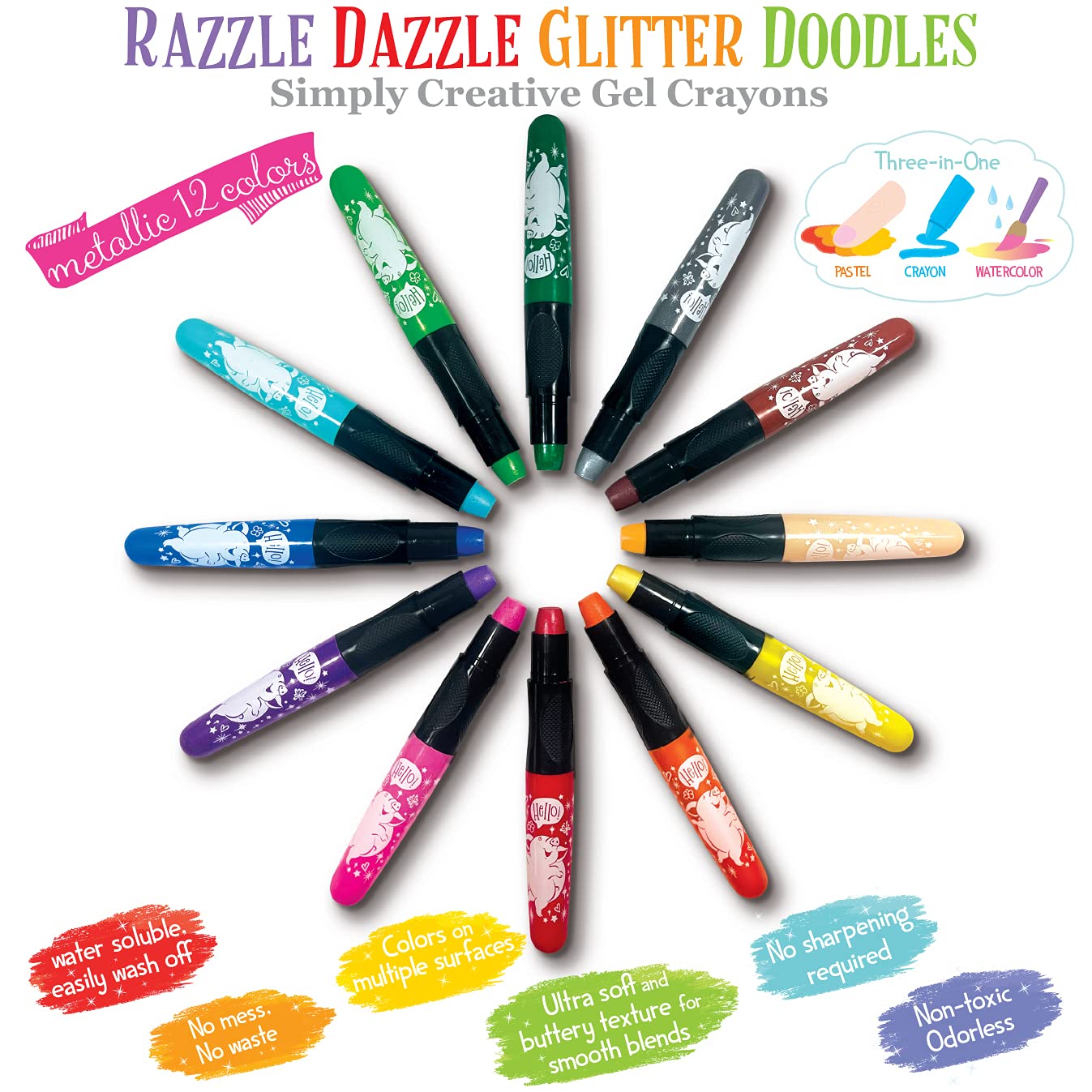 The Piggy Story Glitter Gel Crayons, Set of 12 Crayons in Animals Around the World Design