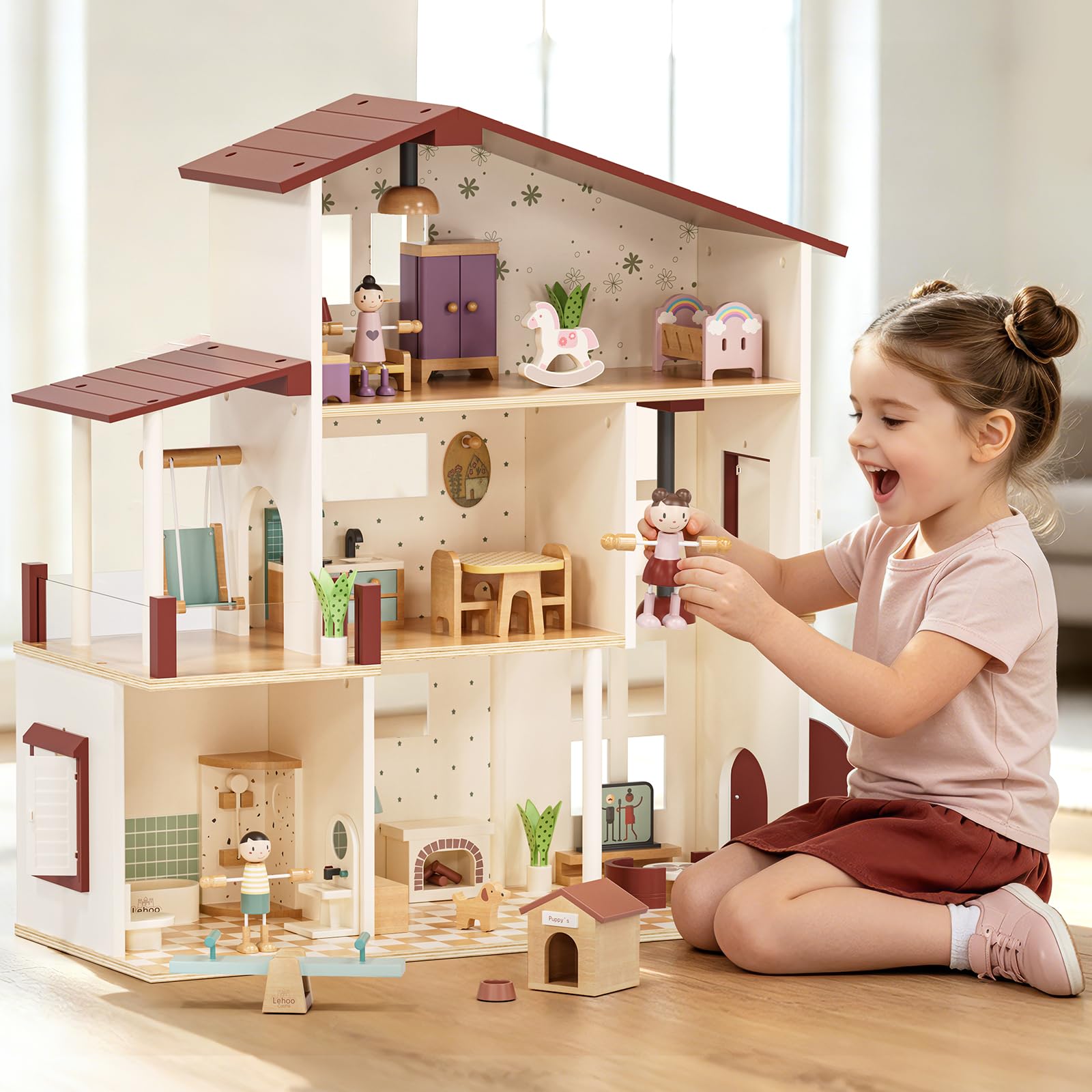 Lehoo Castle Wooden Dollhouse for Girls, Realistic Doll House with 5 Rooms & 38 Accessories, DIY Pretend Play Dream Dollhouse with Doll and Furniture