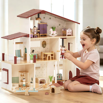 Lehoo Castle Wooden Dollhouse for Girls, Realistic Doll House with 5 Rooms & 38 Accessories, DIY Pretend Play Dream Dollhouse with Doll and Furniture