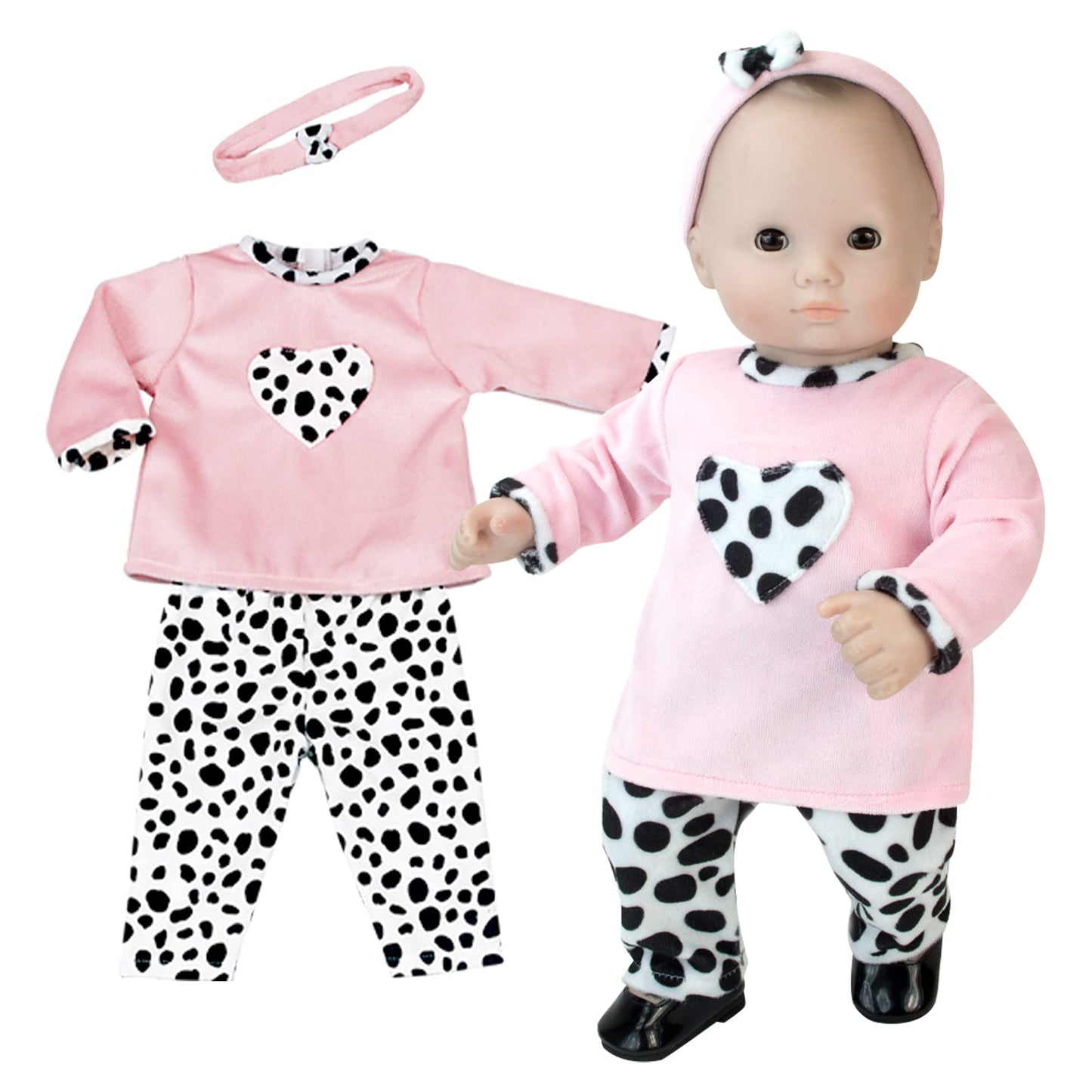 Sophia's 3 Piece Long Sleeve Velour Shirt, Dalmatian Print Pants and Matching Headband Set for 15 Inch Baby Dolls, Pink/Black