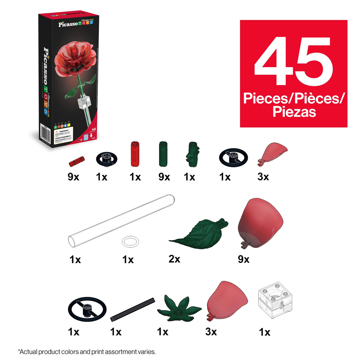 PicassoTiles Red Stem Rose Building 45pc Set With Magnetic Hold Piece Creative Hands-On Play Discovery Activity Kit Room Decor Gifts For Mother’s Day