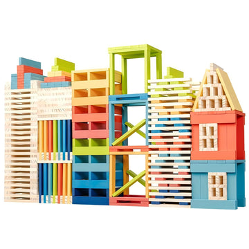 Premium 300 Pcs Rainbow Wooden Building Planks Kit, Open-Ended Creative Building Blocks Set for Kids Ages 3-12,Colorful Pine STEM Construction Toys