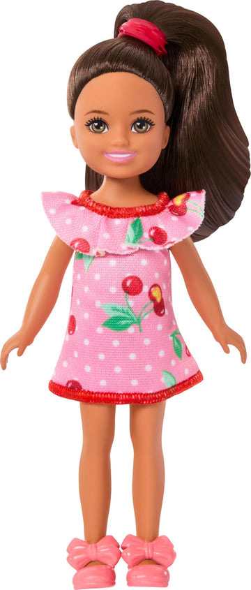Barbie Club Chelsea Small Doll, 6-Inch Lula with Brunette Hair Wearing Removable Cherry-Print Dress & Sandals
