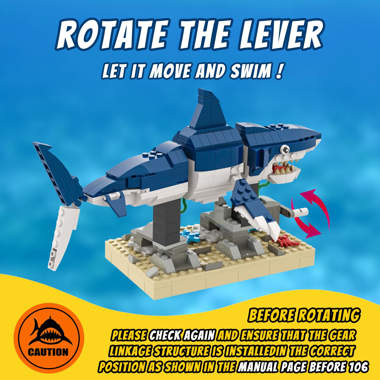 Shark Building Block Set with Rotating Display Stand, Swimming Ocean Animal Model, Compatible with Lego 630 Accessory, Creative Home Decor, Easter