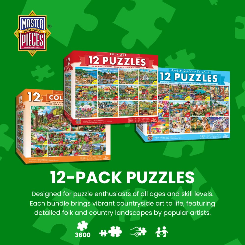 MasterPieces Jigsaw Puzzle 12-Pack Bundle Set, Folk Art by Alan Giana, Multi-Pack for Adults & Kids, Eco-Friendly