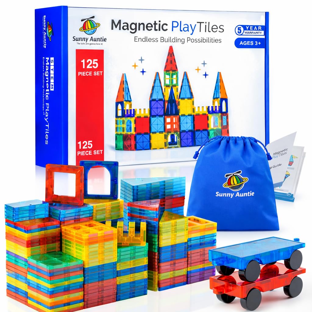 SUNNY AUNTIE Magnetic Tiles 125 PCS XL Set with Storage Bag - Magnetic Building Tiles for Kids Ages 3-8, STEM Magnet Construction Toy for Boys & Girls